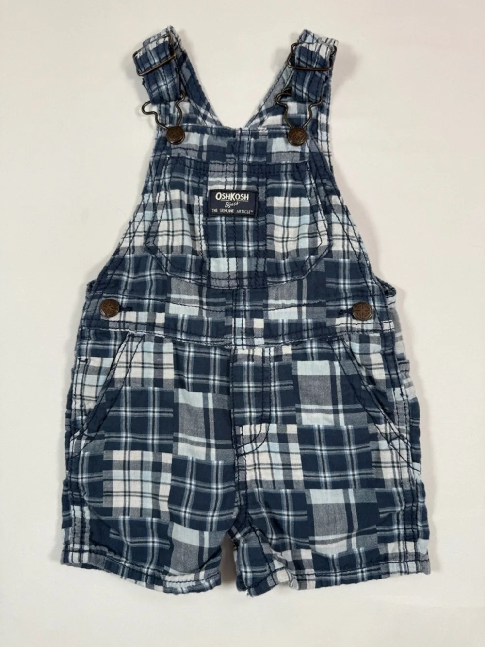 OSHKOSH B’GOSH‎ Plaid Overall Shorts Blue White Baby 12M Cottagecore Farmcore